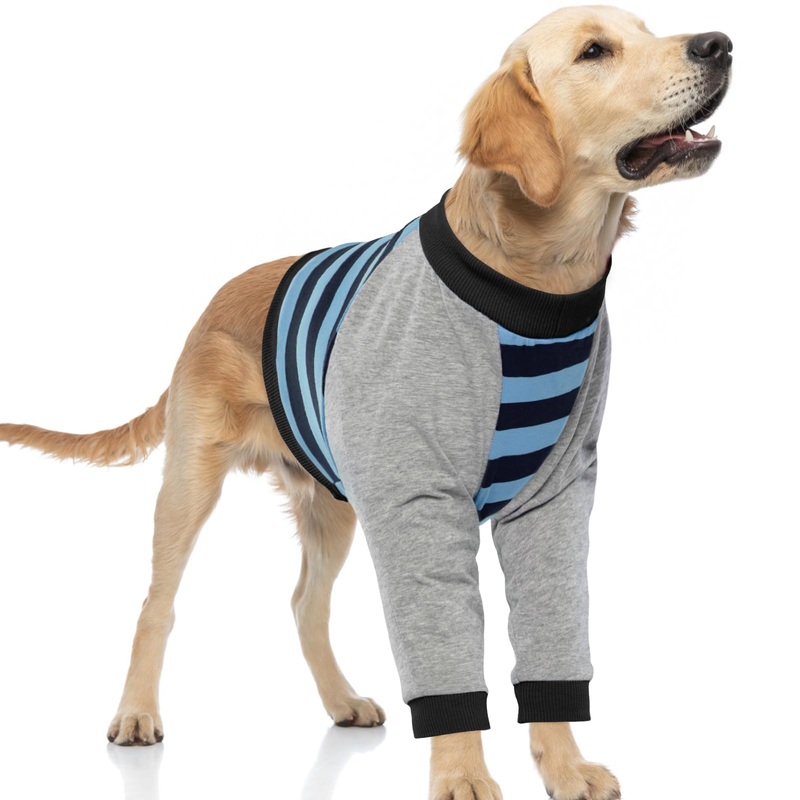 FUAMEY Dog Recovery Sleeve,Dog Recovery Shirt with Front Leg Dog Elbow Protector Stop Licking Joints Dog Surgery Suit for Medium Large Dogs Protecting Dog’s Leg Wounds Blue Stripe L L(Weight:44-66lbs)