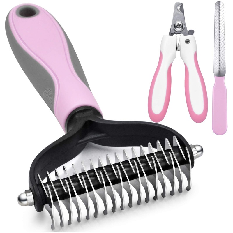 GOESWELL Dog brush for shedding Undercoat Rake for Dogs & Cats – Double Sided Brush for Dematting Comb Grooming Tool kit – Nail Clippers & Nail File (Pink(3 Pack)) Pink(3 Pack)