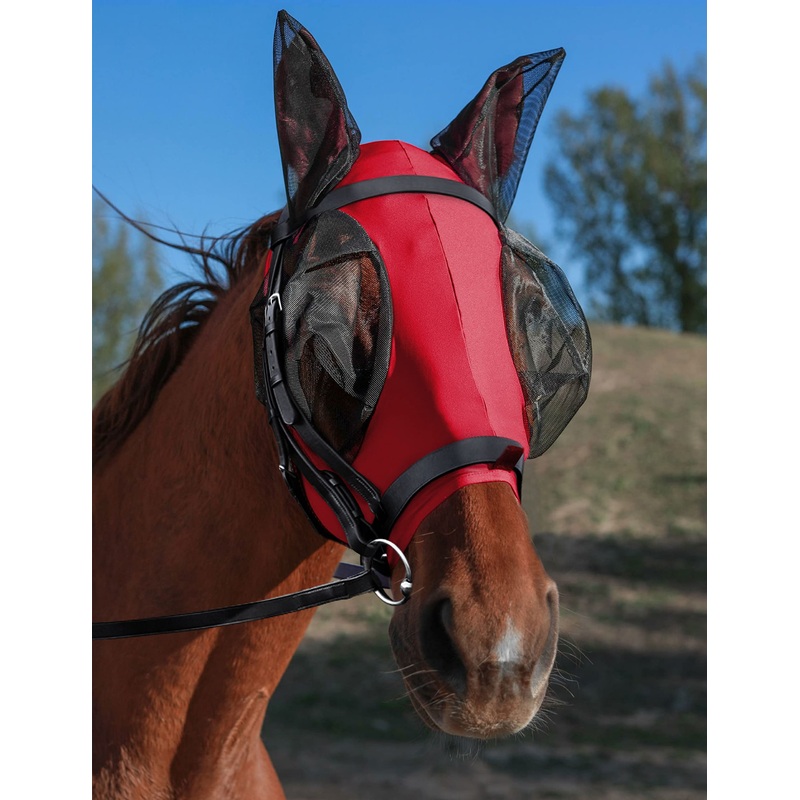Horse Fly Mask with Ears, UV Protection Fly Mask for Horses, Elasticity Fly Mask with Big Mesh Eye Covers, Snug Fitting Comfortable Breathable Lightweight Fly Mask Horse Rose Red Cob Medium