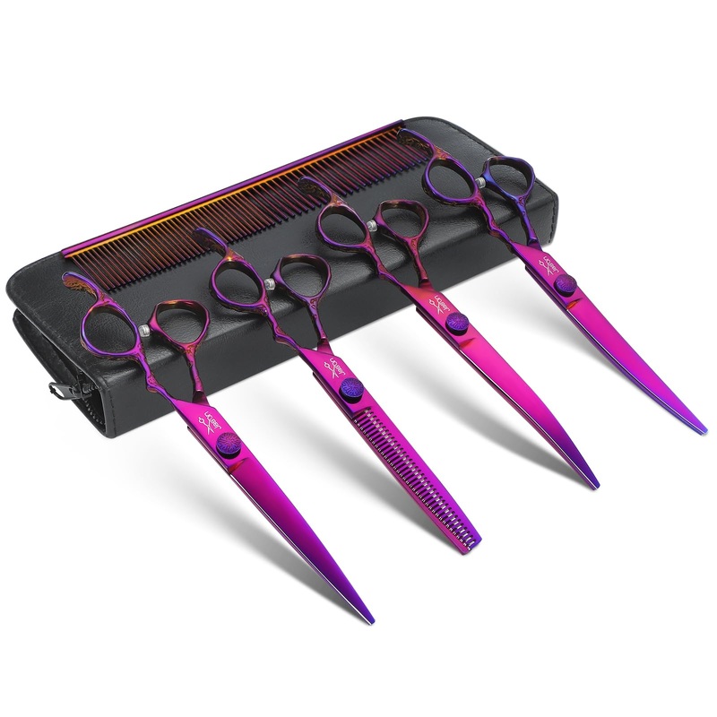 JASON Dog Grooming Scissors Set – Professional 6 in 1 Dog Shears Kit – 6.5″ Thinning, 7″ Straight, 7″ Up-Curved, 7″ Down-curved Scissors and Comb for Dog Cat Pet with Adjustable Screw (Purple) Purple