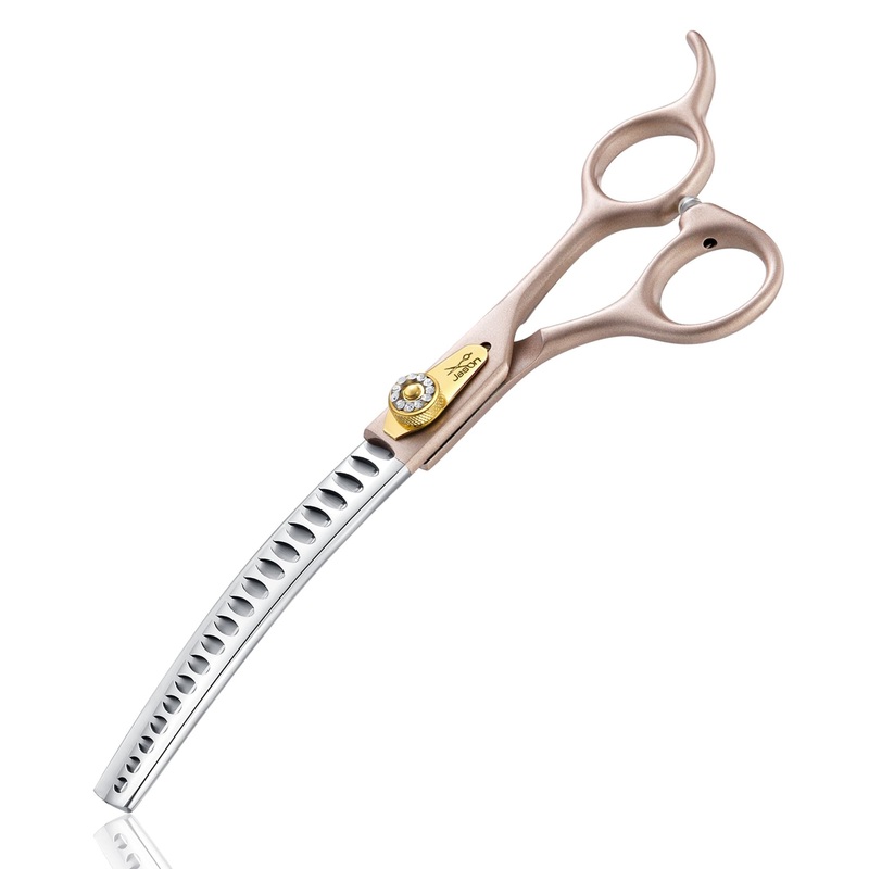JASON Professional Curved Chunker Shears – 7 Inch Chunker Scissor Dog Grooming Japanese 440C Stainless Steel Diamond Screw with 21 Fishbone Teeth Dog Shears, Rosegold