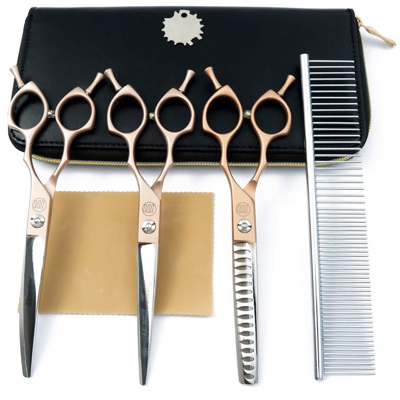 Moontay 6.5″ Professional Pet Grooming Scissors Set, 3-pieces Dog Cat Grooming Straight & Curved & Chunker Shears/Scissors with 1 Grooming Comb, 440C Japanese Stainless Steel Grooming Scissor, Gold 3 PCS ( Straight & Curved & Chunker Scissors )