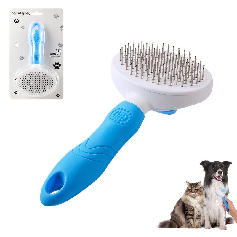 Pet Brush for Cats & Dogs,Self-cleaning Cat brush & Dog brush, Puppy Brush,Pet Hair Grooming,Easy removes loose undercoat,stainless steel thick needle(Blue) Blue