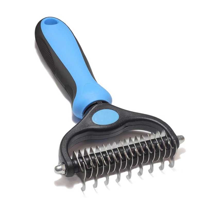 Pet Dog and Cat Deshedding Brush Grooming Tool Fur Removal – Double Sided Undercoat Rake Shedding Comb Mat Remover Deshedder Safe Detangler for Matted Hair/Fur, Blue
