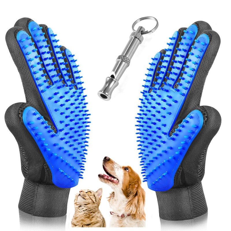 Pet Grooming Glove – Gentle Deshedding Brush Glove – Efficient Pet Hair Remover Mitt – Massage Tool Enhanced Five Finger Design – Perfect for Dogs & Cats with Long & Short Fur with Training Whistle
