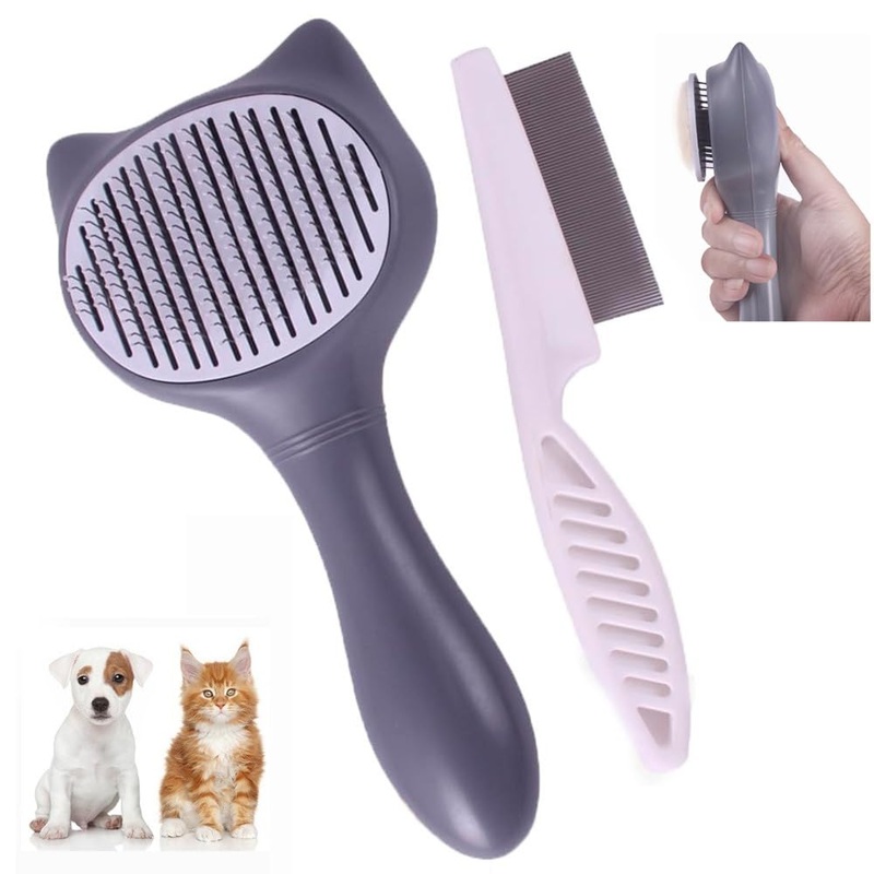 Self Cleaning Cat Brush for Grooming Cat Brushes for Long Haired Cats Dogs Rabbit with Teeth Comb Cat Brush for Shedding Tangles Gentle Cat Grooming Corner Wall Brush Soft Silicone Cat Brush Tool Grey