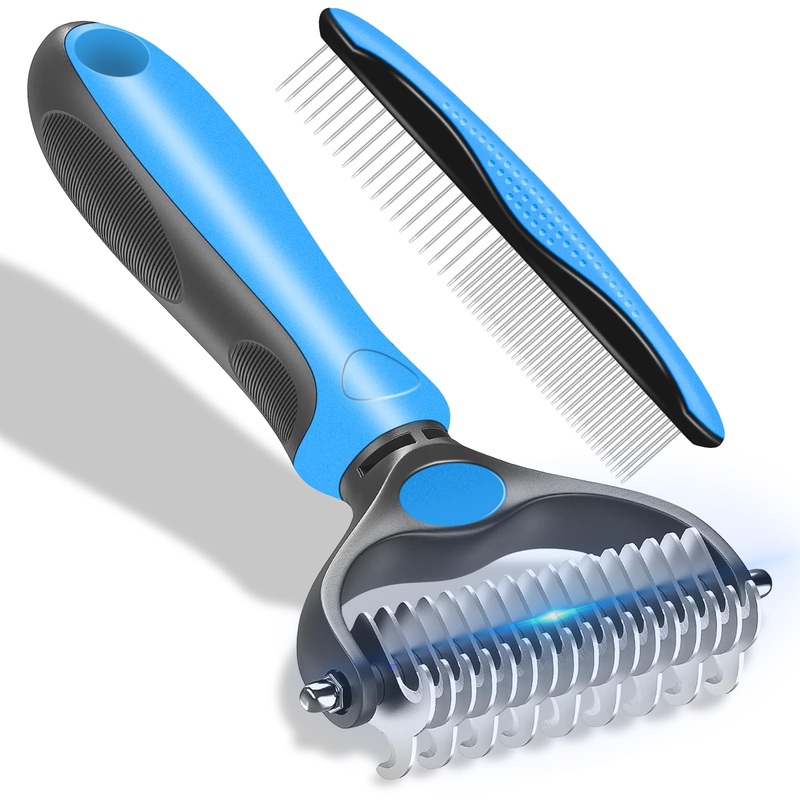 Undercoat Rake and Dematting Deshedding Comb for Dogs – Shedding Brush with Metal Comb (Blue) Blue