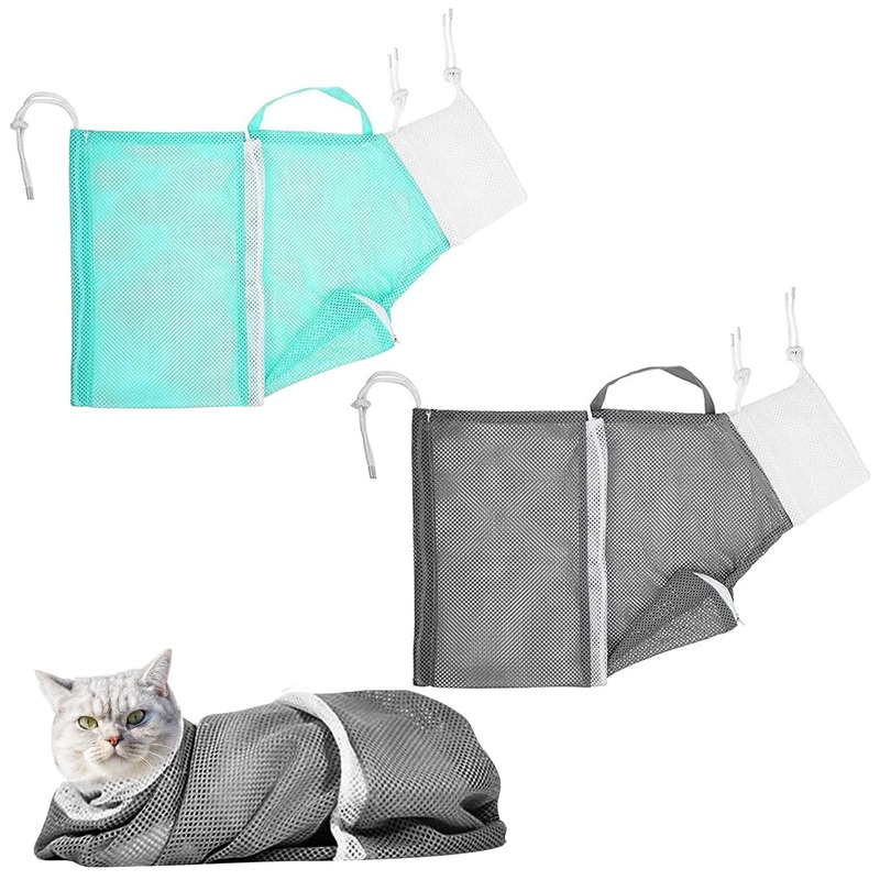 2PCS Cat Bathing Bag, Adjustable Cat Grooming Net Bag Breathable Cat Shower Bag for Cat Restraint Washing Bathing Nail Trimming Injection Medicine Taking (Green, Grey)