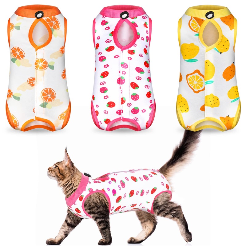 3 Pieces Cat Recovery Suit Kitten Recovery Suit E-Collar Alternative for Cats and Dogs Abdominal Skin Anti Licking Pajama Suit (Fruit Pattern,Medium) Fruit Pattern Medium