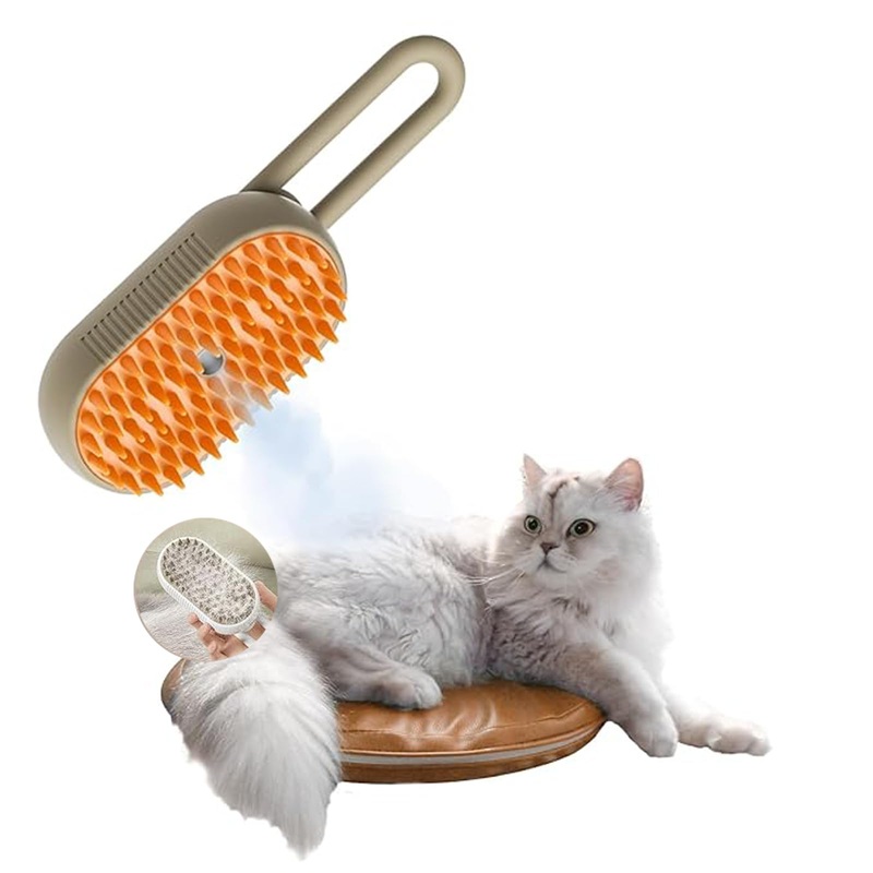 3in1 Steam Cat Grooming Brush,Shedding Brush for Long Haired & Short Haired Cat, Kitten Fur Brush for Removes Loose Undercoat. khaki