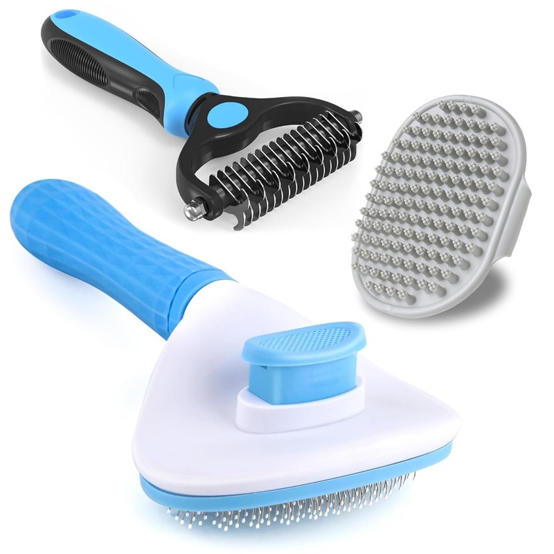 3PCS Dog Grooming Brush – Dog Brush for Shedding Massaging Bathing – Double Sided Shedding, Dematting Undercoat Rake – Self Cleaning Slicker Brush for Dogs and Cats with Long or Short Coats Blue-3Pcs