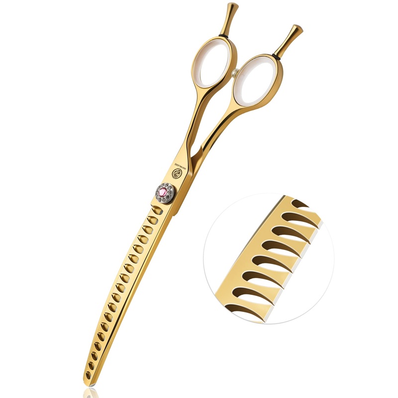 7″ Downward Curved Dog Grooming Scissors for Grooming Face and Paws Safety Dog Chunker Trimming Cutting Shears for Dog Cat Pet Grooming Gold 7″ Gold Chunker