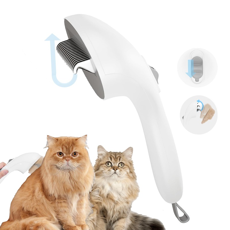 Cat Brush,Cat Dog Brush with Release Button Curved Stainless Steel Rake for Long-Haired Cats and Dogs, Dematting and Shedding Tool