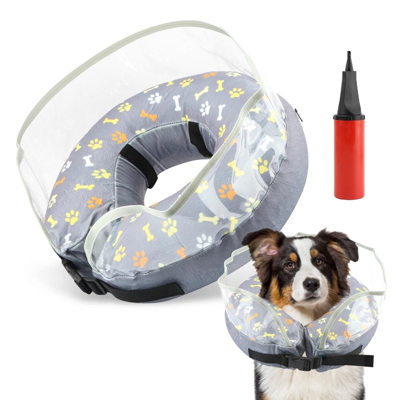 Dog Cone Collar, Inflatable Dog Cone Collar Alternative with Inflator, Soft Dog Neck Donut Collar Recovery Cone for After Surgery Recovery, Anti-Licking Guard Shield for Pets grey