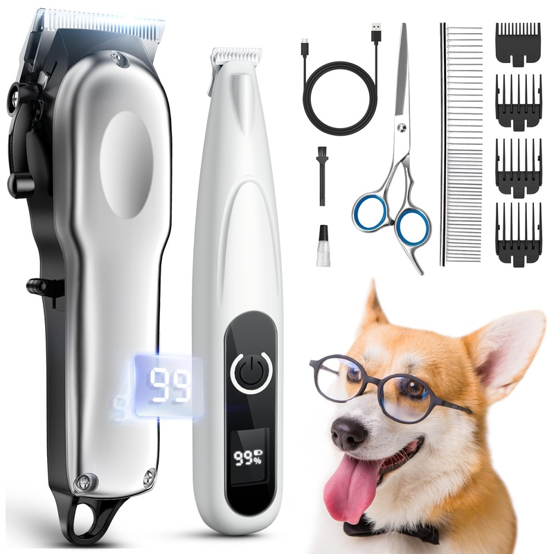 Dog Grooming Kit with Dog Paw Trimmer for Heavy Thick Hair, Low Noise Clippers for Grooming with Stainless Steel Blade, Cordless Dog Hair Clippers, Rechargeable Dog Shaver for Pets Cats White