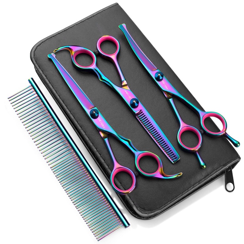 Dog Grooming Scissors with Safety Round Tips 7 inch Professional Grooming Scissors Kit Colorful Stainless Steel Shears Set for Pet Dog Cat GroomingSuitable for Lefty and Righty Colorful & Round tips