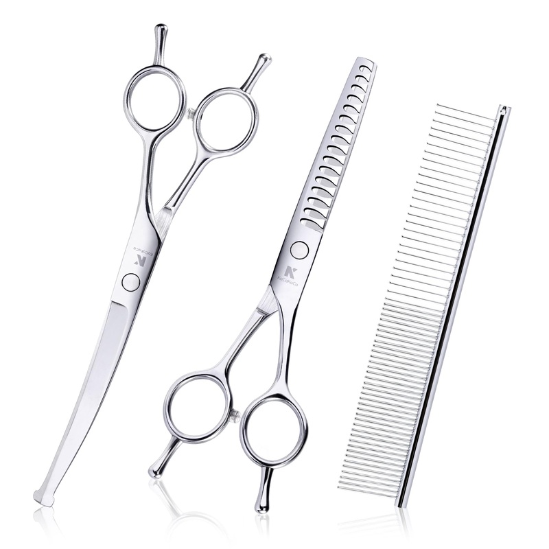 Dog Grooming Scissors with Safety Rounded Tips, Professional 4 in 1 Pet Grooming Scissors Kit with Curved Dog Scissors for Grooming, Chunker Shears and Comb for Dogs, Cats and Pets