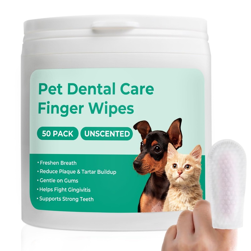 Dog Teeth Cleaning Wipes 50 Pack, Reduces Plaque and Freshens Breath, Dog Dental Wipes Dog Tooth Brushing Kit, No-Rinse Dog Toothbrush Finger Wipes Dental Care for Dogs Cats