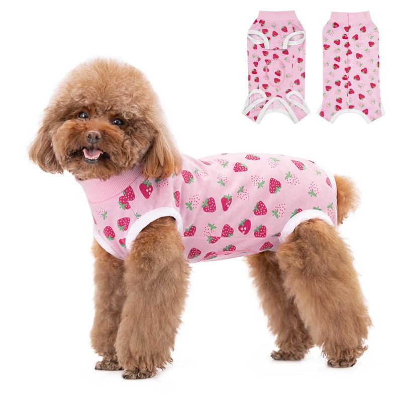 FEimaX Dog Surgery Recovery Suit Female and Male Spay with Pee Hole, Pet Body Suits for Puppy After Spayed, Neuter Surgical Onesie for Small and Medium Dogs Cats, Alternative Bandages E-Collar & Cone Strawberry X-Small