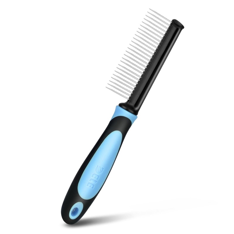 Flexzion Metal Pet Comb for Cats & Dogs – Sturdy Stainless Steel Rounded Teeth with Non-Slip Soft Grip Handle Easy to Use Grooming Detangling Cat Combs for Indoor Cats, Blue