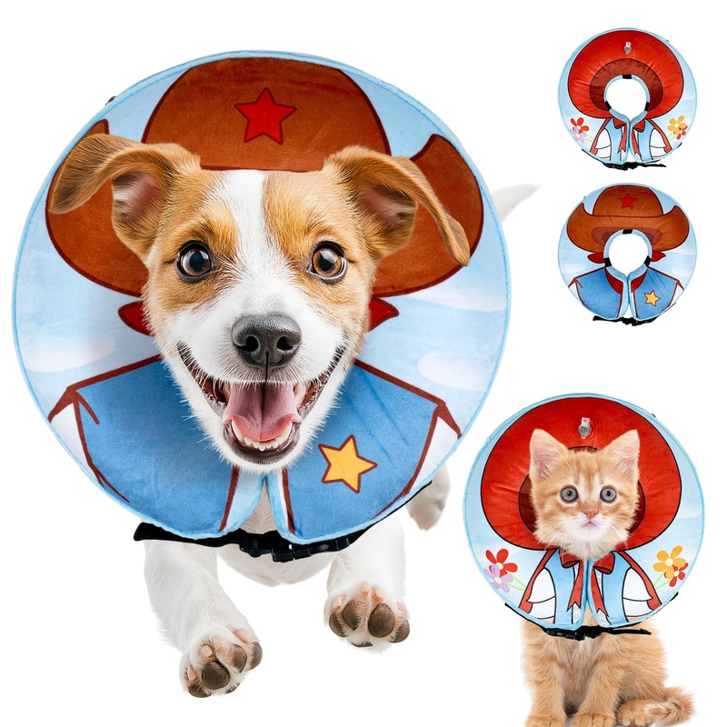 Inflatable Dog Cone Collar After Surgery, Soft Recovery Suit Dog Cat Cone Collar Alternative for Dogs Cats, Dog Neck Donut Elizabethan Collar Cone for Small Medium Large Dogs to Stop Licking Double-sided Pattern-2 S (Neck 9″-12″)