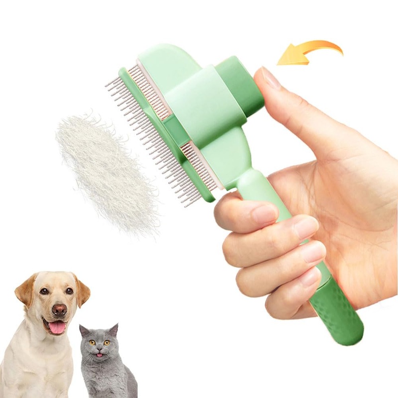 Marchul Cat Comb with Release Button, Cat Grooming Comb with Long and Short Stainless Steel Metal Round Teeth, Pet Comb Brush for Removing Matted Fur, Knots & Loose Fur for Dogs and Cats(Green)
