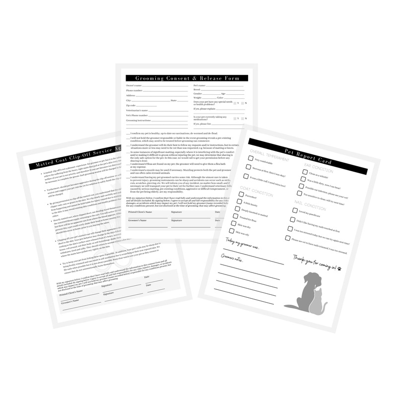 Pet Grooming Intake Forms, Consent & Release, Matted Coat Clip-Off Agreement, Pet Report Card | 50 pk, 25 of each, dbl sided | 8.5×11 Groomer Signature Client Grooming Tips Black and White Minimalist