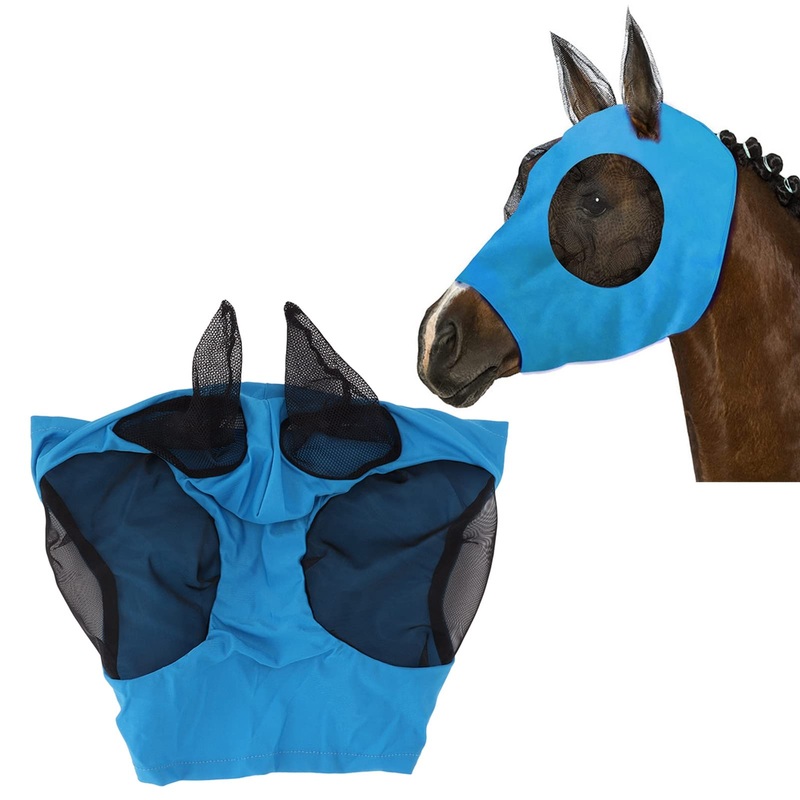 Pssopp Horse Mesh Fly Mask Breathable Elastic Horse Face Mask with Ears Riding Equestrian Equipment (Blue 40LB)
