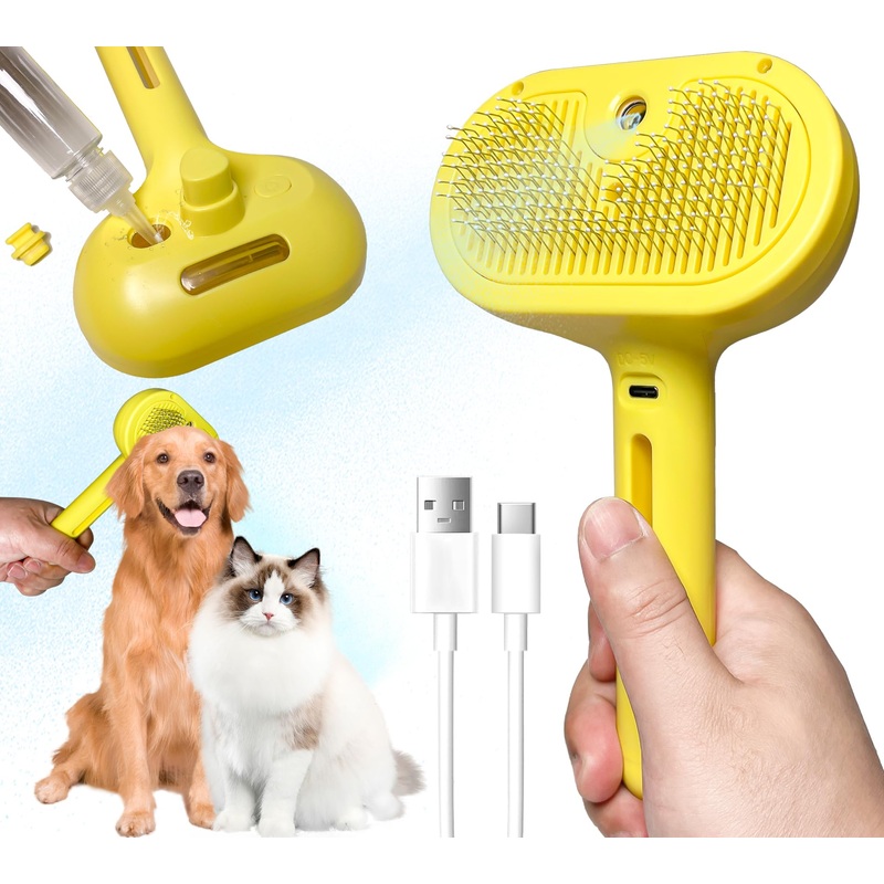 QOQ Self-Cleaning Spray Cat Brush for Shedding, Removes Static Flying Hair, and Works Wonders for Both Long and Short-Haired Pets 2 In 1 Cleaning Brush for Cats And Dogs Grooming (Yellow) Yellow
