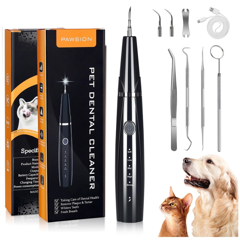 Ultrasonic Dog Plaque and Tartar Remover, Teeth Cleaning Kit for Pets, Rechargeable Dental Scraper for Pets, 5 Modes with 3 Cleaning Heads, with LED Light
