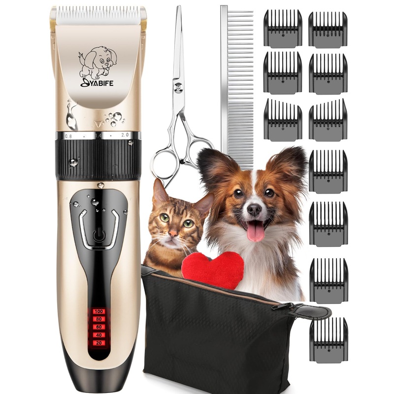 YABIFE Dog Clippers, Cordless Dog Grooming Kit, USB Rechargeable Electric Pets Hair Trimmers Shaver for Dogs, Cats and Small Animals, Whisper Quiet, Wet and Dry Use Bright Gold