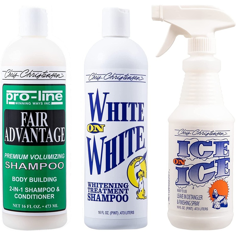 Chris Christensen Shampoo & Conditioner 16 oz Bundle – Pro-Line Fair Advantage Body Building 2 in 1 + White on White Shampoo + Ice on Ice Detangling/Finishing Spray, Groom Like a Professional