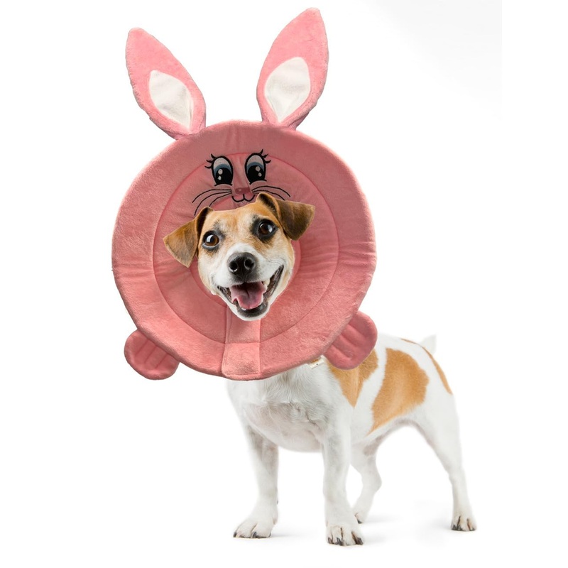 Cute Soft Dog/Cat Cone Collar for Surgery Recovery; Comfy Soft E-Collar Cone for (Medium) Dogs and Cats After Surgery; 100% Cotton Dog/Cat Cone Stops Licking; Bunny Face Calming Collar for Dogs/Cats Medium