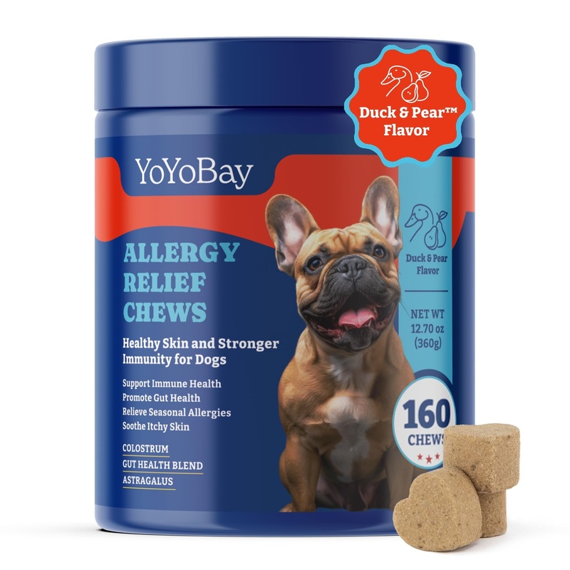 Dog Allergy Relief Chews – Immune Support & Itch Relief with Colostrum, Astragalus Root, 6-Strain Gut Health Blend – Duck & Pear Flavor, 160 Count