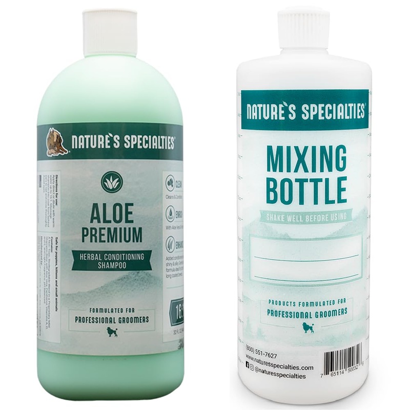 Nature’s Specialties Mixing Bottle and Dog Shampoo Concentrate Bundle, Easy to Read Measurements Mixing Bottle 32 oz, Aloe Premium Dog Shampoo Conditioner Concentrate 32 oz