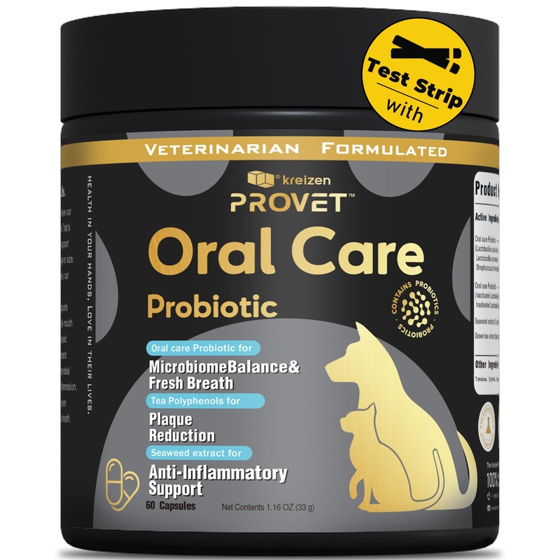 Oral Probiotic for Dogs  Advanced Dental Health Supplement with Probiotics, Seaweed Green Tea Extract  Supports Gum Health, Reduces Plaque & Bad Breath  60 Capsules and 2 Periodontal Test Strips