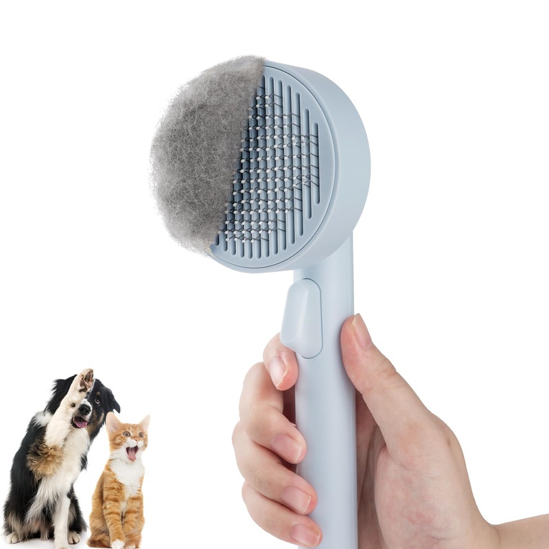 Pet Hair Cleaner Brush,Cat Grooming Brush with Self-Cleaning Button,Pet Shedding Brush for Cats Dogs,Pet Massage Brushes for Removing Tangles Loose Fur Blue