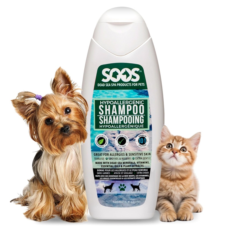 Soos Pet Dog Shampoo for Cats and Pets Hypoaller-genic Natural Dead Sea Minerals Fast Absorbing with Vitamins Essential Oils Natural Elements Antiba-cterial – 1x Pet Shampoo (500ml)