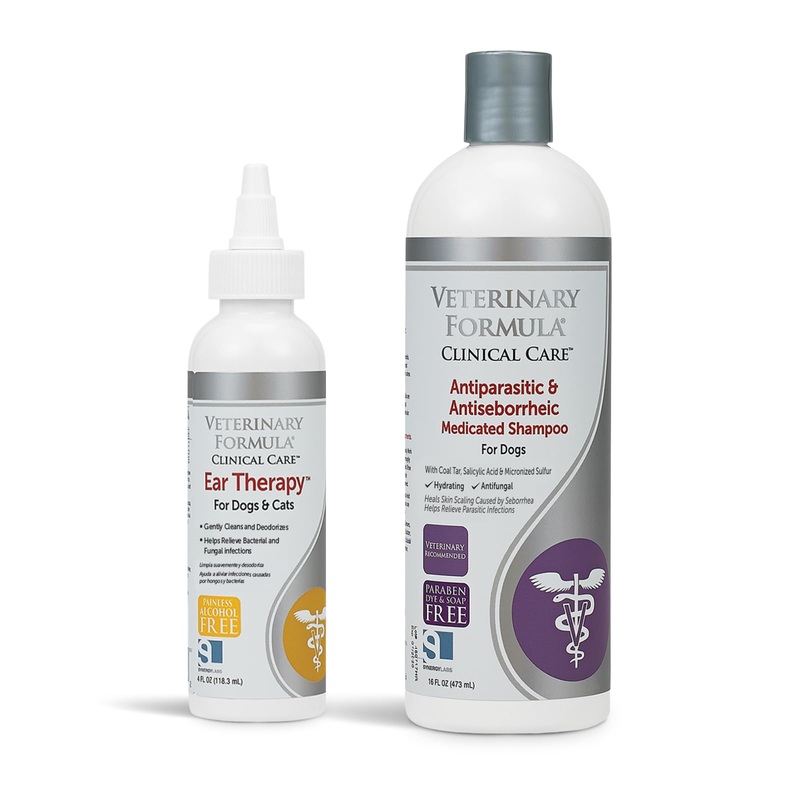 Veterinary Formula Clinical Care Ear Therapy for Dogs & Cats and Antiparasitic & Antiseborrheic Medicated Dog Shampoo Bundle