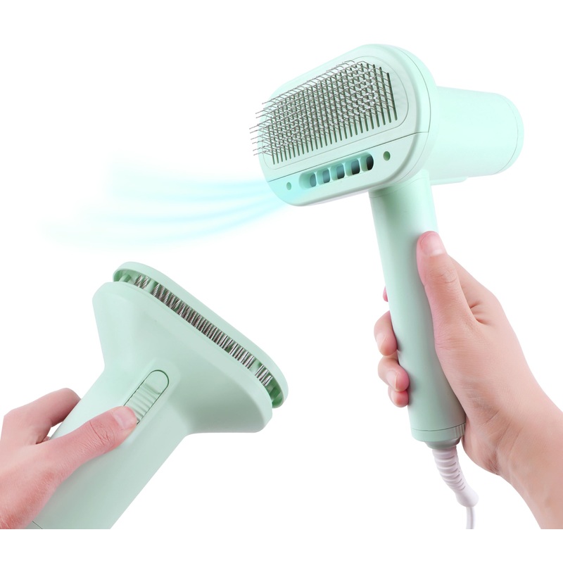 2-in-1 Dog Hair Dryer and Brush – Low Noise Operation, Overheating Protection, 3 Temperature & Airflow Settings, Self-Cleaning Button – Ideal Dog Brush for Short Haired Dogs (Green) Green