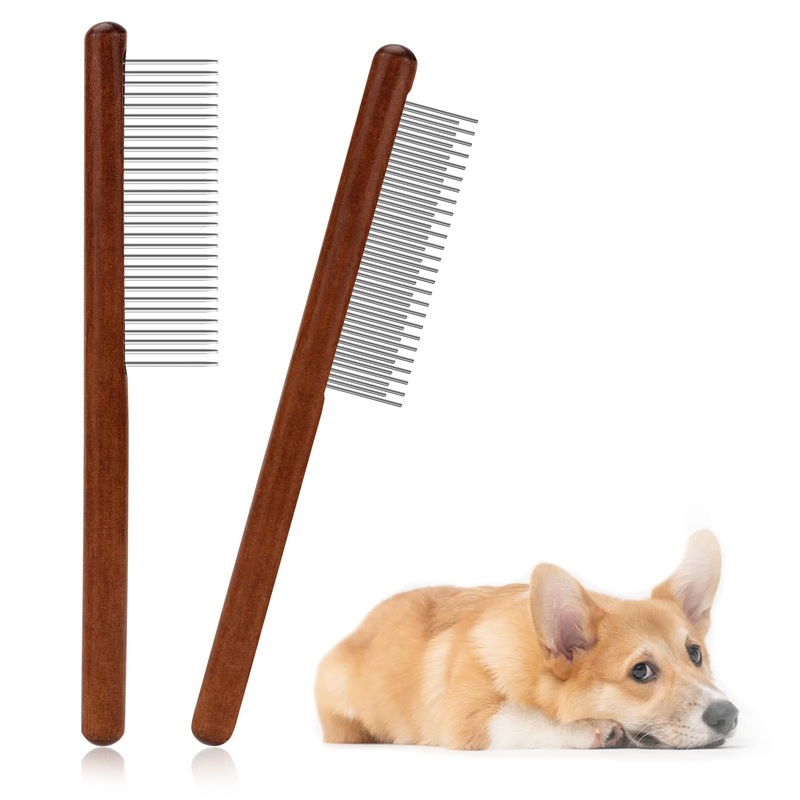 2pcs Solid Wood Grooming Combs with Wide & Narrow Rounded-Tip Steel Teeth – Metal Flea & Lice Comb for Dogs, Cats, Small & Medium Pets’ Tangled Hair