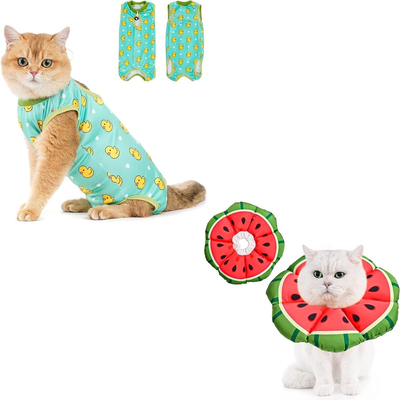 Avont Cat Recovery Suit – Kitten Onesie for Cats After Surgery Bundle with Avont Cat Cone Collar Soft, Adjustable Recovery E Collar Alternative for Cats Kittens Puppies