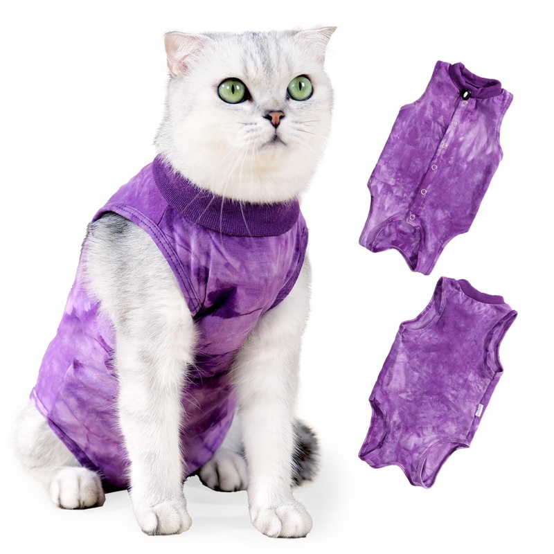 Cat Recovery Suit for Abdominal Wounds or Skin Diseases, Breathable Cat Surgery Recovery Suit E-Collar Alternative for Cats, After Surgery Wear Surgical Suit for Cats Anti Licking Wounds Medium Tie-dye Purple