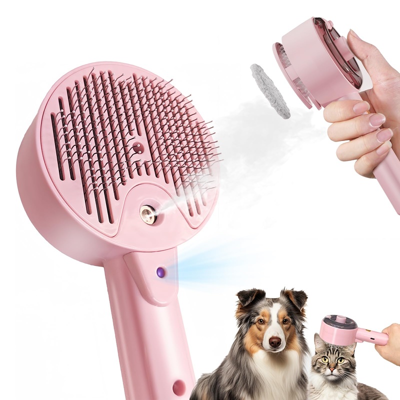 Cat Steam Brush For Shedding, Steamy Dog Grooming Brush With 2-Speed Spray, Blue Light And Release Button, Rechargeable Water Pet Hair Brushes Wet Self Cleaning Cat Spa Brush Cat Comb (Pink) Pink