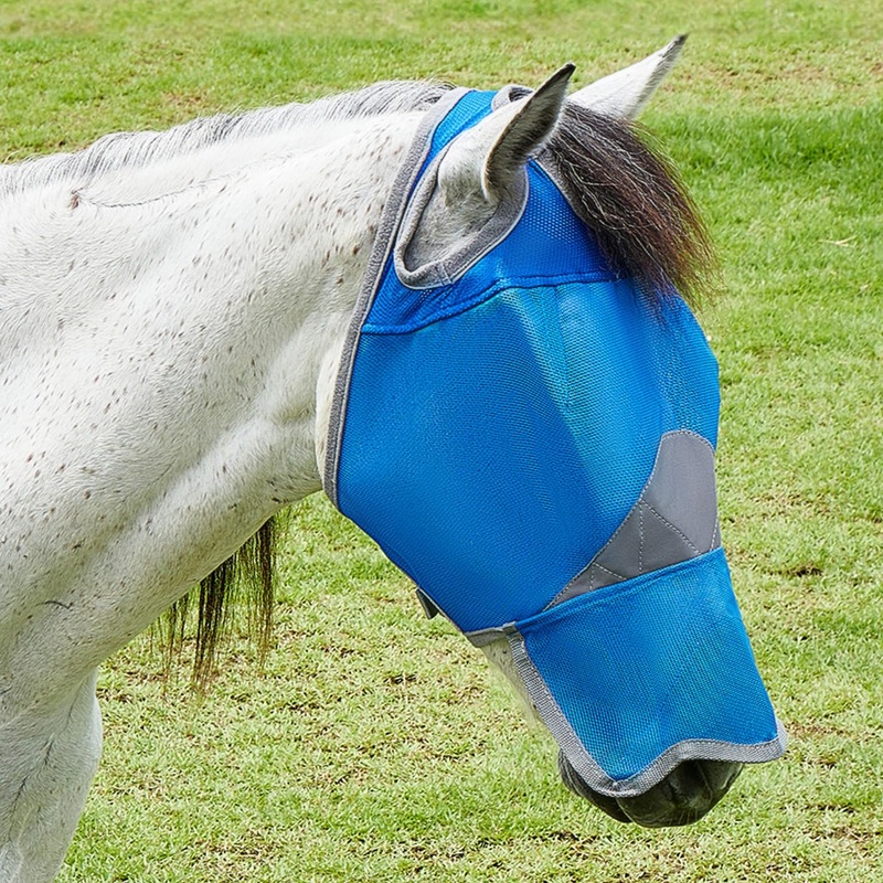 DEERFAMY Adjustable Horse Fly Mask, High-Quility Net Mesh Mask with Large Eye Space,Full Coverage, Soft & Gentle on Skin, No Ears but with Nose (Blue, XL) Blue with Nose Warmblood(XL)
