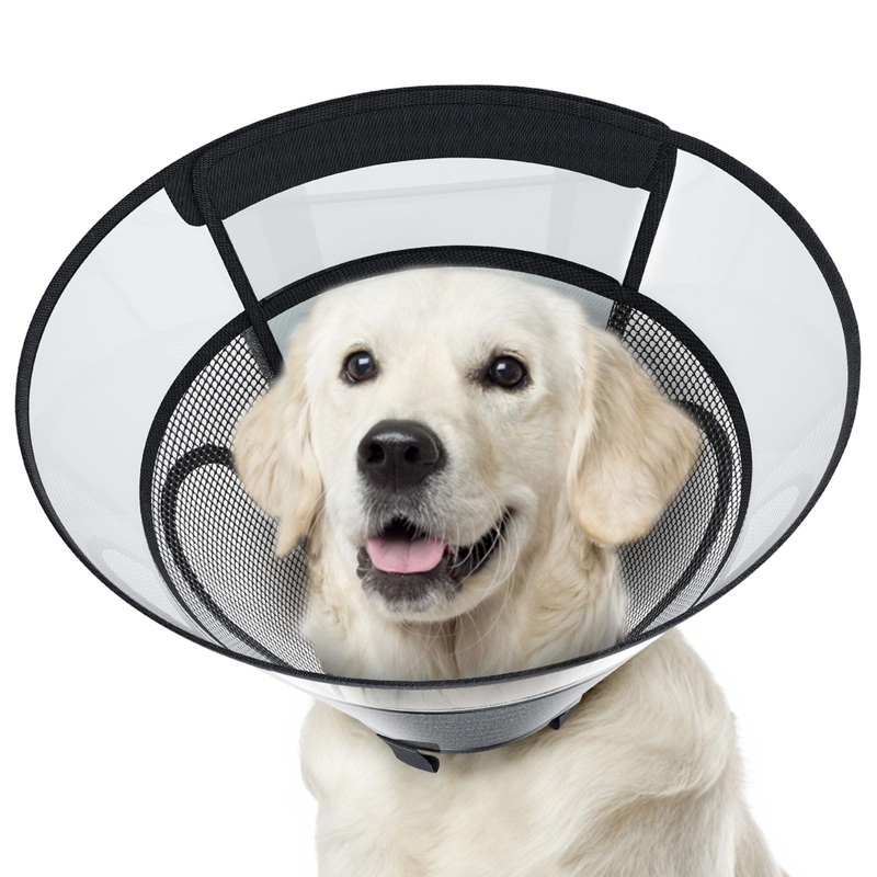 Dog Cone Collar for Large Dogs After Surgery, Mesh Windows PVC Transparent Dog Cone E Collar for Dog, Anti-Bite Lick Wound Healing Neuter Safety Practical Comfy Plastic Cone L1 L Black