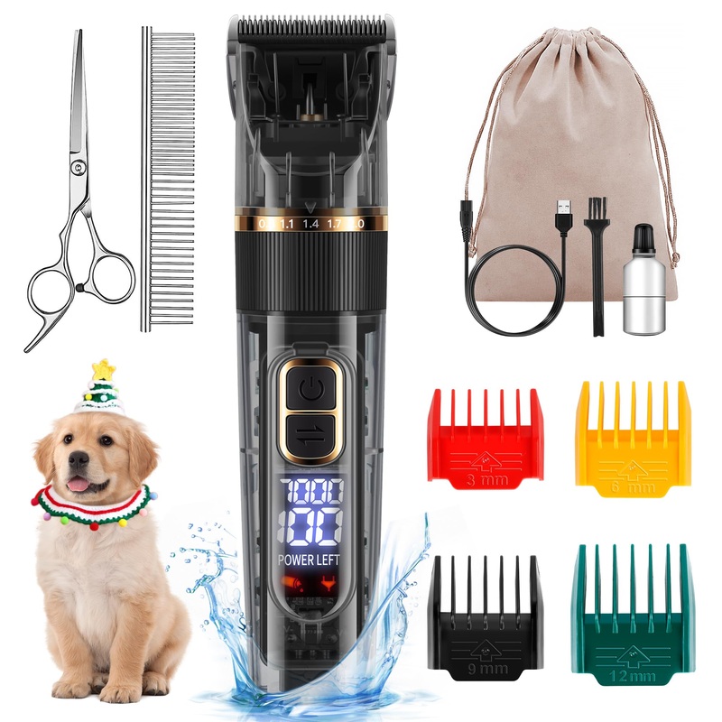 Dog Grooming Kit with LED Display, 3-Speed, Low Noise, Rechargeable, Cordless, Waterproof Clippers for Dogs Cats Small & Large Pets with Thick Coats