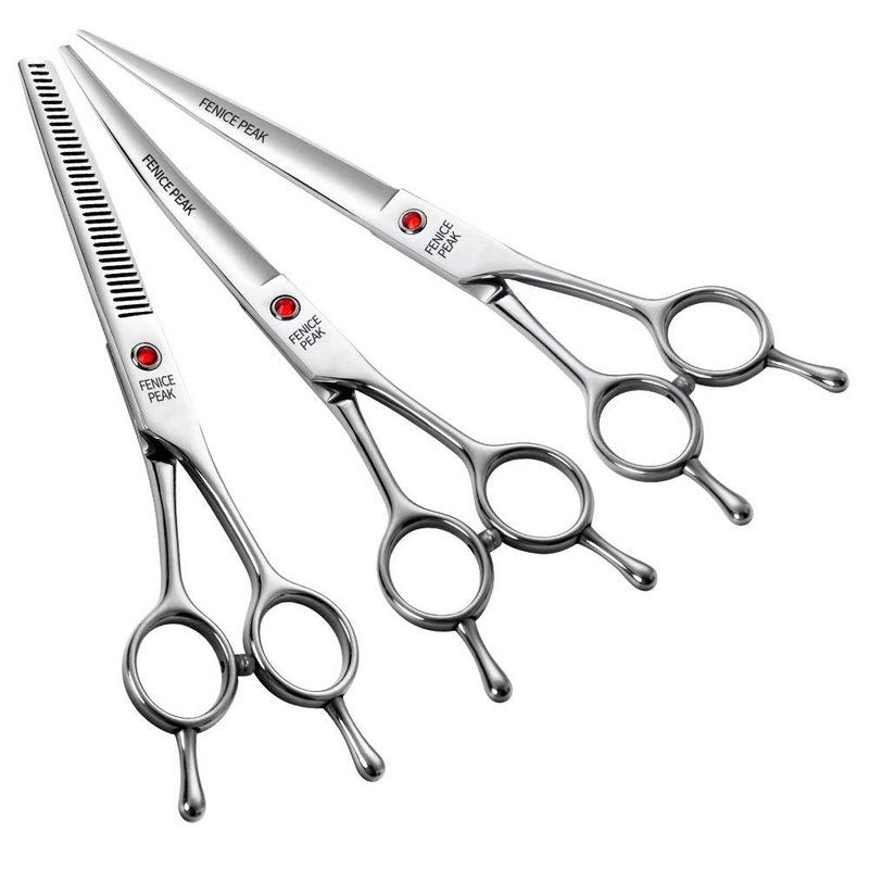 Fenice Peak Dog Grooming Kit Pet Grooming Scissors Set Professional Thinning Scissors for Dogs Curved Shears Trimming Scissors for Dogs Cats 9Cr Stainless Steel Shears 6.5”Thin+7”Cut+7”Curved