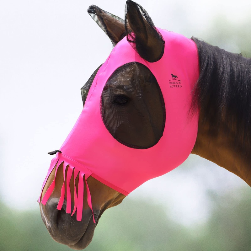 Harrison Howard Superior Comfort Breathable Fly Masks Soft on Skin with Tassels Natural Nose Swatter Full Size (Large) Tassel Fringe-Rose Pink