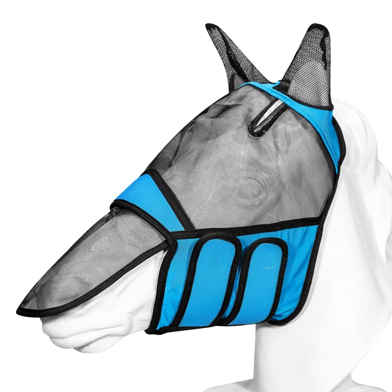 Horse Fly Mask, Elasticity Lycra Horse Fly Mask with Ears, UV Protection and Long Nose Detachable Cover Fly Mask, Reflective Strip Design Cow Fly Mask, Blue Large Size L